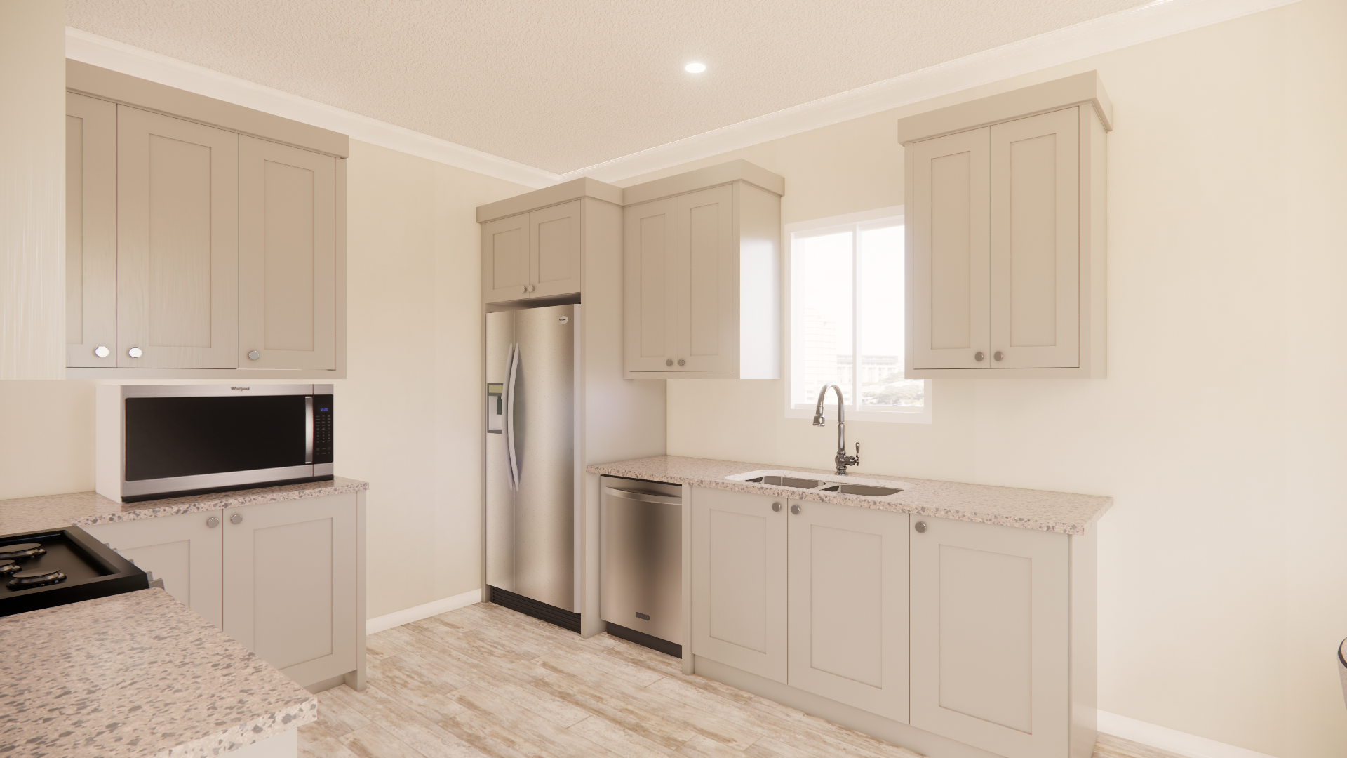 C 1050 Homeplex Prefab homes California Adu California kitchen 1 grey - lucia quartz - barn wood