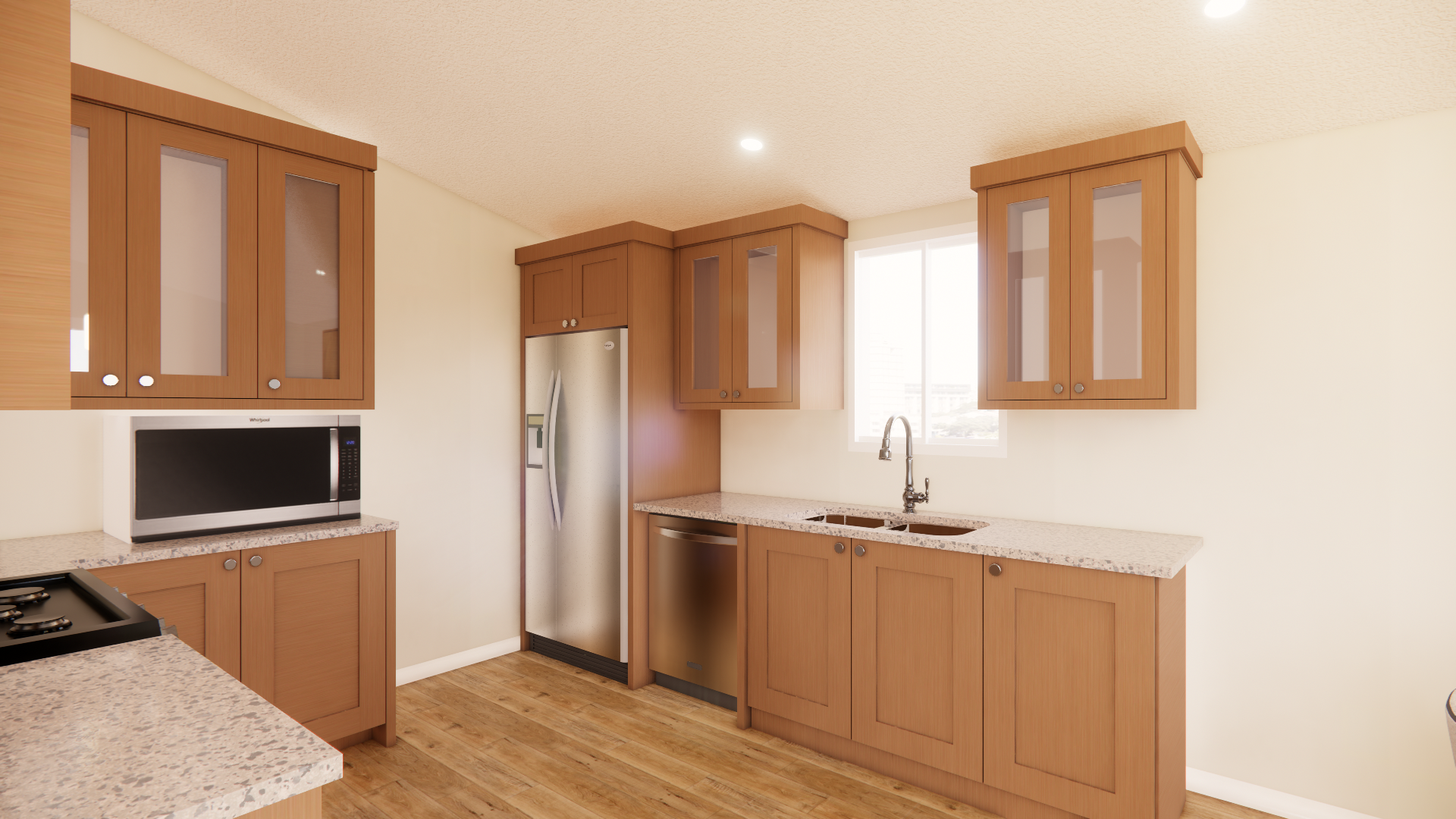 C 1050 Homeplex Prefab homes California Adu California kitchen 1 new lance - lucia quartz - european oak