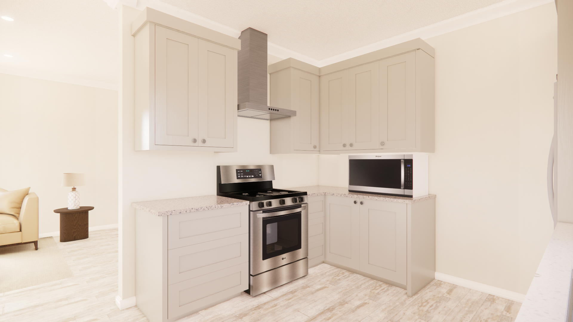 C 1050 Homeplex Prefab homes California Adu California kitchen 2 grey - lucia quartz - barn wood
