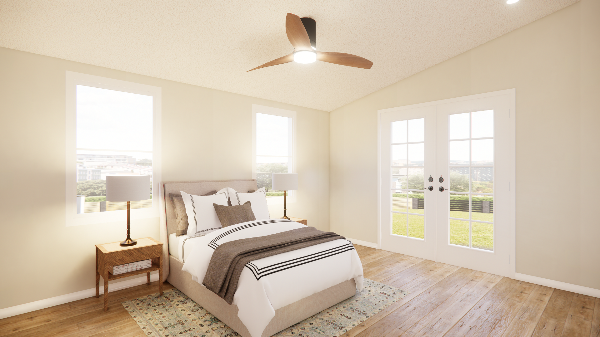 C 1100 Homeplex Prefab homes California Adu California bedroom with ceiling fan-european oak