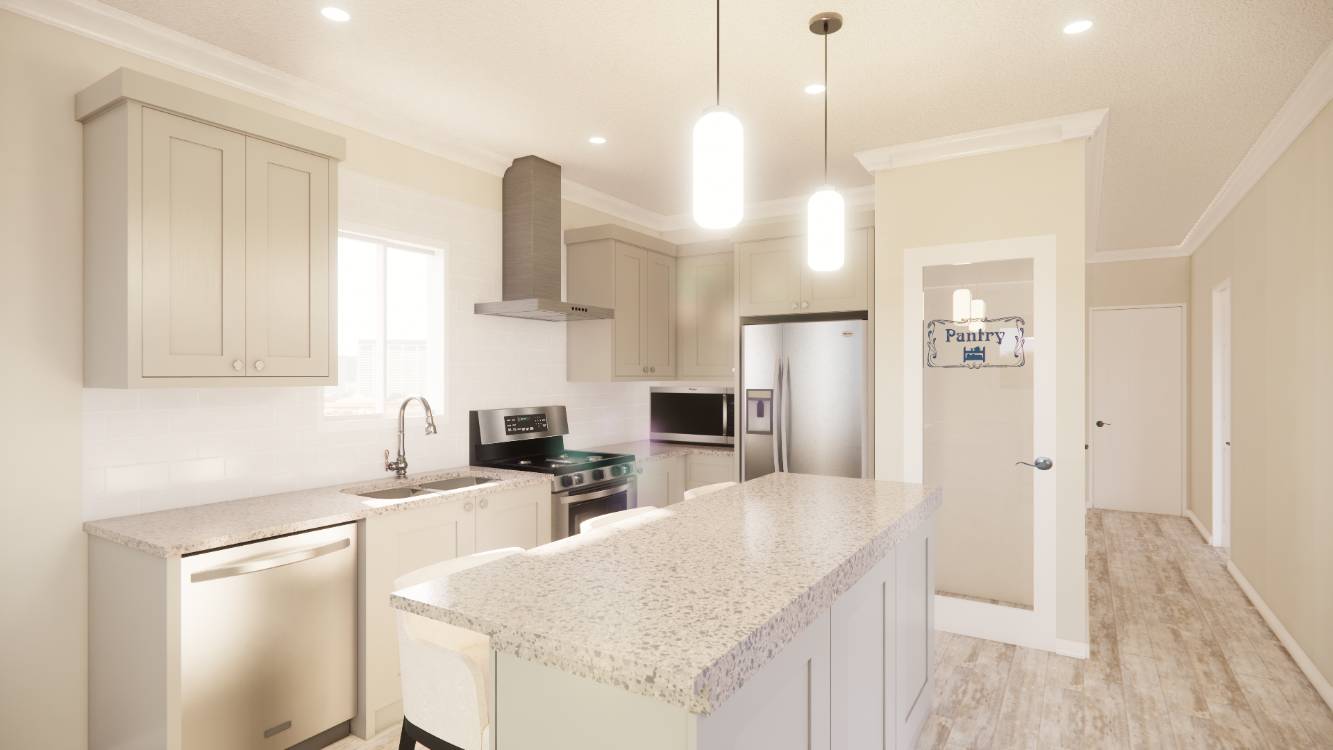 C 1100 Homeplex Prefab homes California Adu California kitchen grey -lucia quartz- barn wood