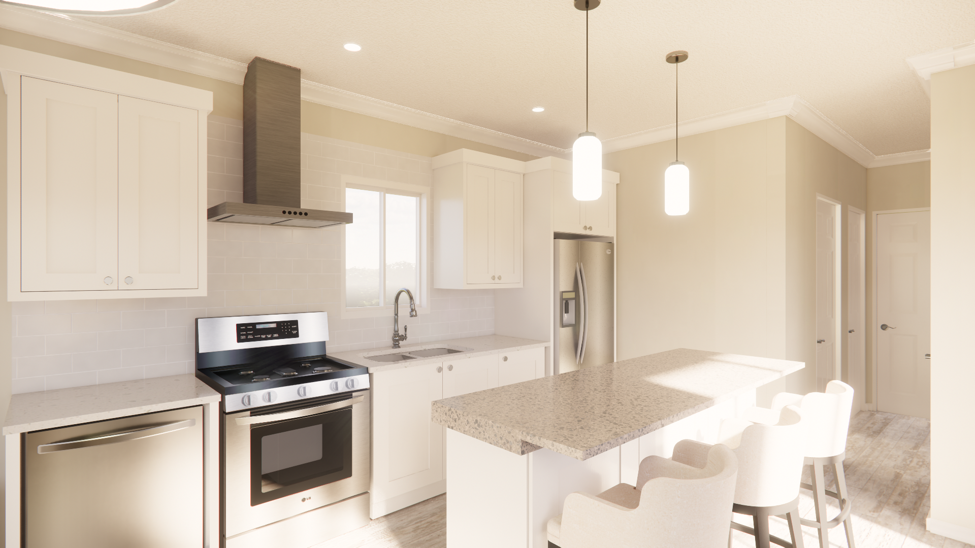 C 550 Homeplex Prefab homes california Adu california kitchen white - lucia quartz - barn wood