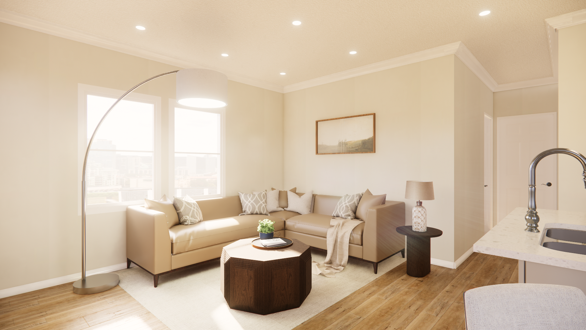 C 800 Homeplex Prefab homes california Adu California living room grey - stanton quartz - european oak