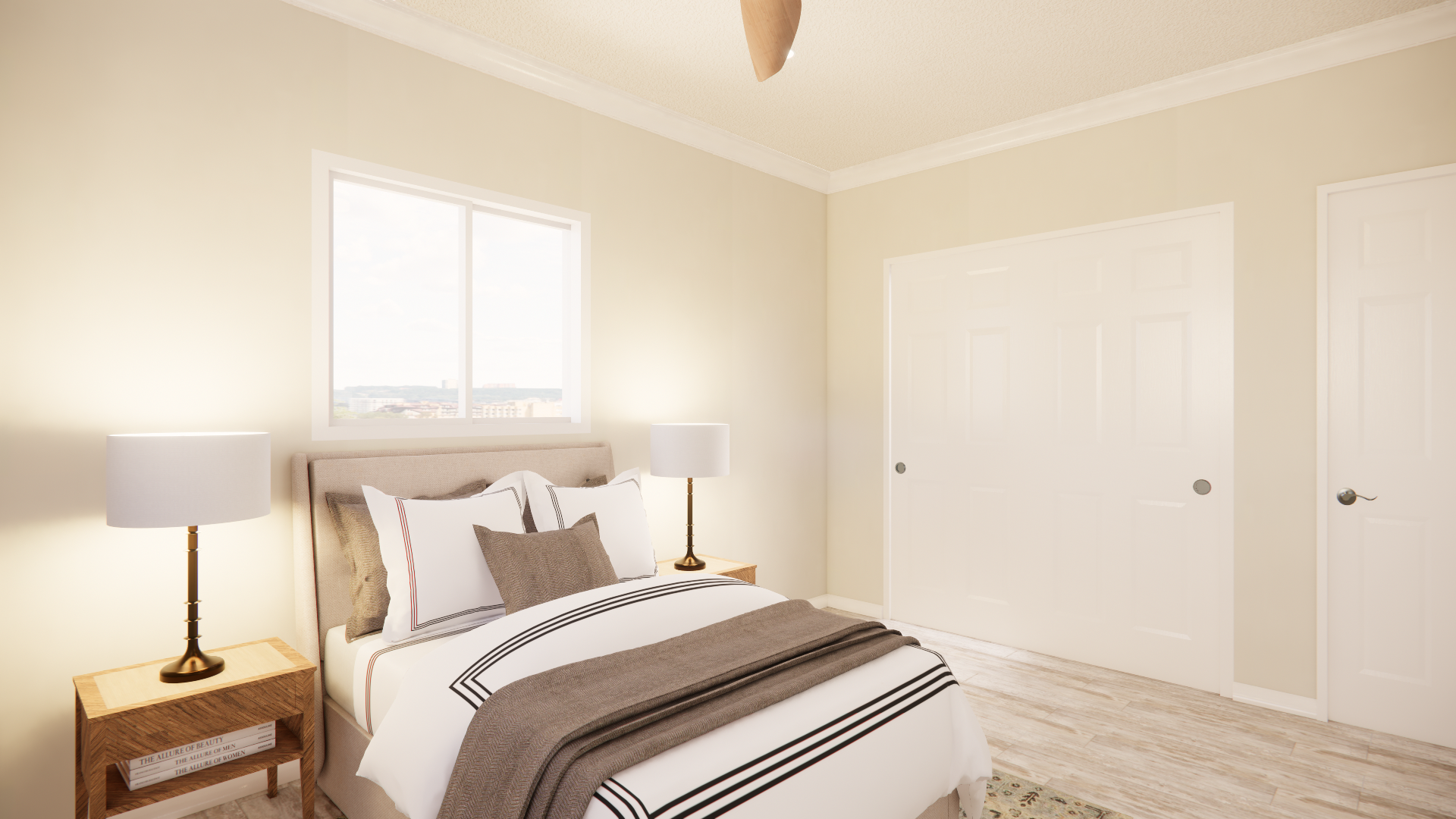 C 805 Homeplex Prefab homes California Adu California Bedroom with ceiling fan - barn wood