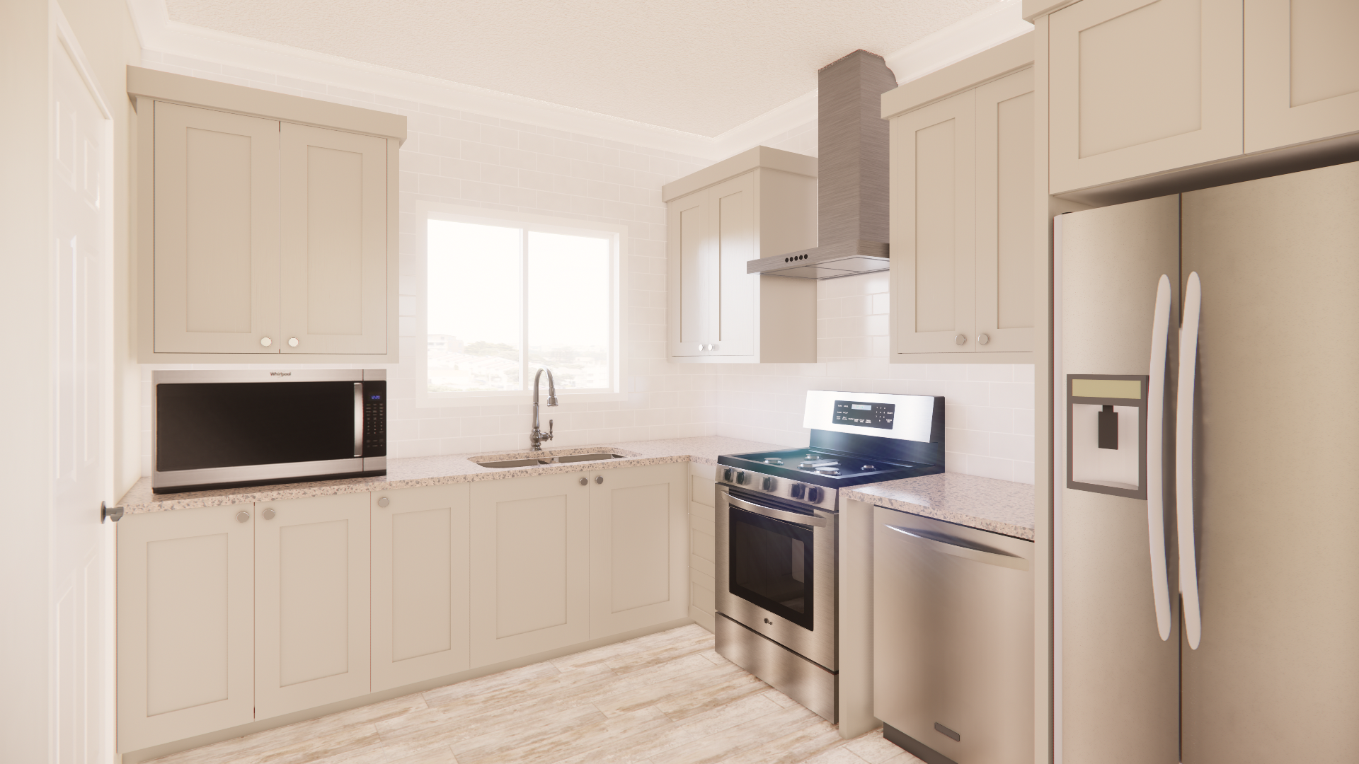 C 810 Homeplex Prefab homes California Adu California kitchen grey - lucia quartz - barn wood